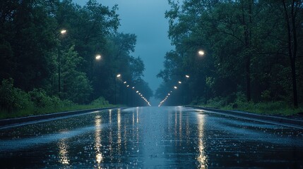 Poster - A rainy nighttime road. The road stretches into the distance, empty and quiet, with reflections of dim streetlights shimmering on the wet surface.