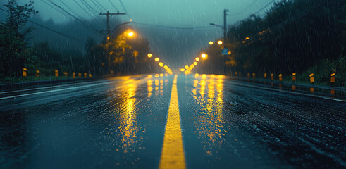 Poster - A rainy nighttime road. The road stretches into the distance, empty and quiet, with reflections of dim streetlights shimmering on the wet surface.