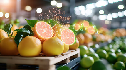 Poster - Cinematic scene of digital fruit labeling system showcasing oranges and limes. vibrant colors and technology create engaging atmosphere in market setting