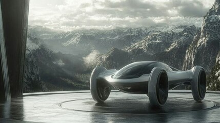 Futuristic silver electric vehicle on a platform overlooking snowy mountains.