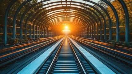 Poster - A futuristic train track glowing with soft blue light, stretching endlessly inside a massive train station. The station is illuminated by a warm, golden sunrise through its glass-paneled walls.