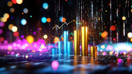 Fototapete - Colorful data visualization with glowing bars representing market growth, showcasing vibrant lights and dynamic trends in digital environment