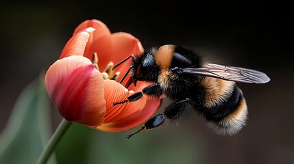 Wall Mural - Close-up of a bumblebee pollinating a vibrant tulip flower in a serene garden setting