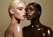 © Sandra Chia - Fashion Concept. Closeup of two interracial black white girls beautiful natural glow shiny dewy skin for facial makeup skincare ad, copy text space