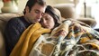 © zen - A worried spouse helping their ill partner cover themselves with a warm blanket while they sit on the couch