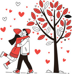 Wall Mural - A heartwarming illustration of a loving couple embracing under a decorative tree laden with hearts.