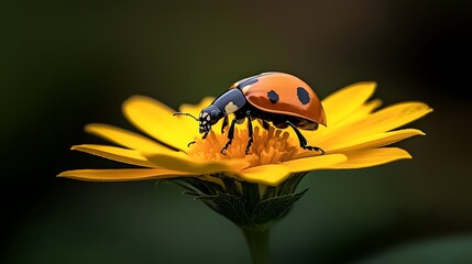 Wall Mural - Close-up of a ladybug on a vibrant yellow flower, showcasing nature's beauty in a serene garden setting