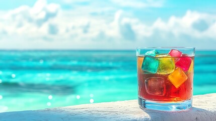 Wall Mural - A sparkling tropical drink with colorful jelly cubes resting on a ledge with the ocean in the background