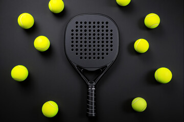 Wall Mural - black padel racket with perforated surface placed among vibrant yellow tennis balls on black backgro