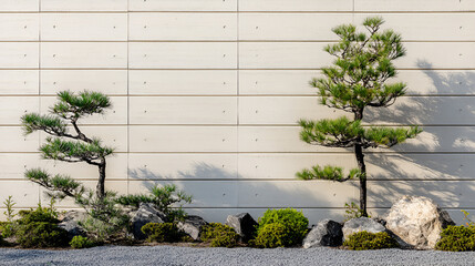 Wall Mural - Concrete wall with volumetric stucco molding and Japanese landscape elements.