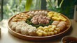 © irawan710 - Asian hot pot ingredients arranged on wooden tray, indoor setting,  green background, food preparation