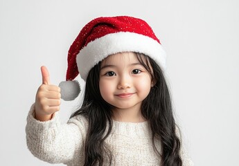 Wall Mural - A girl in white and a Santa Claus hat shows a thumbs-up gesture on a light background