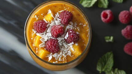 Wall Mural - Mango raspberry smoothie in glass on dark marble with mint garnish