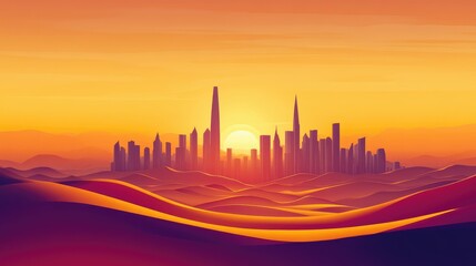 Poster - A vibrant sunset casting warm hues over a desert, with a silhouette of a modern city skyline emerging on the horizon