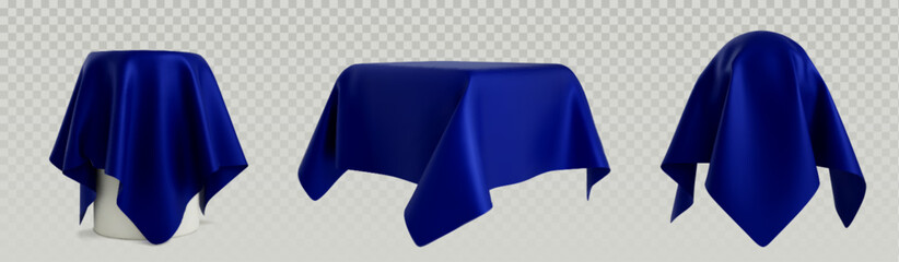 Objects covered with blue silk cloth set isolated on transparent background. Vector realistic illustration of 3d table and stage under satin drape, hidden surprise, award ceremony, presentation unveil