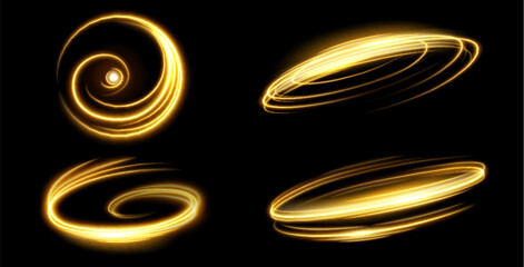 Wall Mural - speed light spirals and circular trails set - golden luminous swirls with glowing neon effect on dar