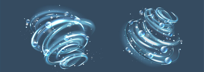 Wall Mural - bubble swirl effect with spiral luminous trails - glowing vortex decorated with transparent spheres 