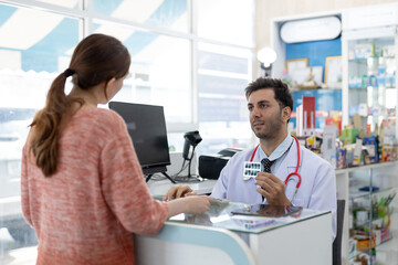 Male pharmacist medicine giving to customer pharmaceutical healthcare prescription at counter pharmacy clinic dispensary. Doctor service buying patient in drug store.