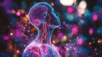 Wall Mural - an abstract representation of a person with glowing neural pathways. the vibrant colors evoke a sens