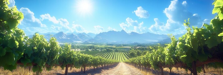 Wall Mural - Low poly vineyard scene, sunlit rows of grapevines, vibrant colors, serene landscape, artistic simplicity, inviting atmosphere