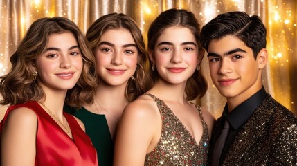 Glamorous Group Portrait: Four young adults, two women and two men, dressed in elegant attire, pose for a sophisticated portrait against a shimmering gold backdrop.