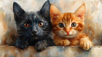 Naklejka na meble A watercolor illustration of a dog and cat in a shelter with hopeful eyes, surrounded by adoption banners