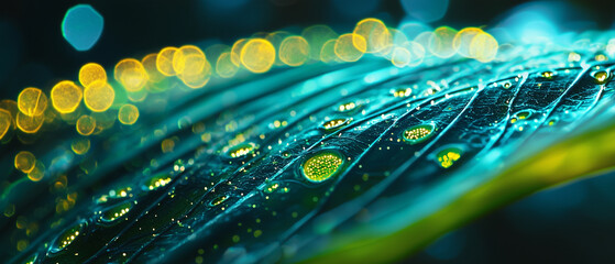 Poster - close up of tropical plant leaf with vibrant colors and water droplets, creating mesmerizing bokeh effect in background. intricate details of leaf veins are highlighted