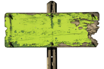 weathered wooden sign with peeling bright green paint, isolated on transparency background, evokes rustic and vintage feel