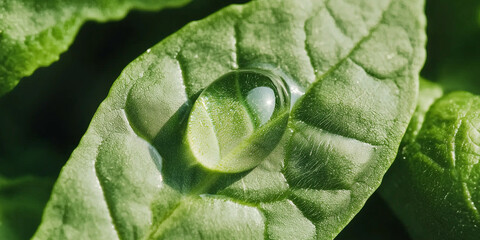 Poster - close up of water droplet on green leaf, capturing essence of nature beauty and freshness. droplet reflects light, highlighting leaf texture and vibrant color