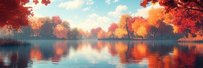 Wall Mural - Autumn Serenity, tranquil low poly lake embraced by vibrant trees, gentle reflections creating a peaceful atmosphere