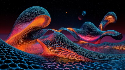 Canvas Print - Abstract Cosmic Landscape:  A surreal digital artwork depicting vibrant, glowing, textured organic forms reminiscent of a fantastical alien world.