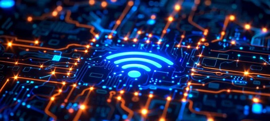 Poster - Glowing internet WI-FI on blue circuit chip. Wireless website global data flow. Generative video AI technology.	
