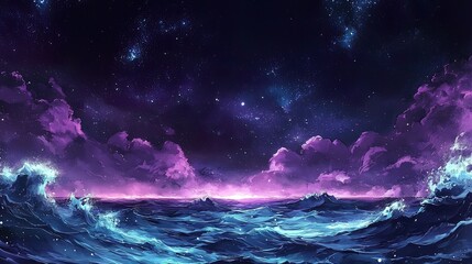 Wall Mural - Vibrant purple and blue night sky over a glowing ocean with waves.