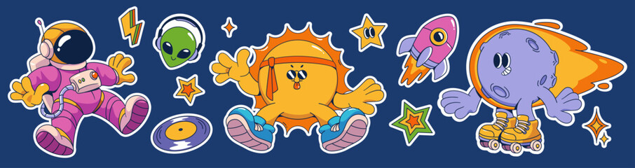 groovy universe sticker pack - fun cosmic elements. flying astronaut, alien in headphones, sun with 