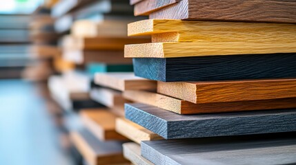 Wall Mural - Stacked wooden planks showcasing various colors and textures in a workshop setting