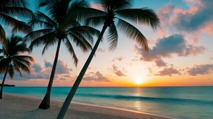 Wall Mural - Twilight beach with coconut trees and soft waves under a pastel sky, Beach background with coconut trees and twilight sky in summer ing