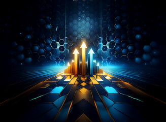 Wall Mural - abstract image of three upward-pointing arrows, gold and bronze, set against a dark background of gl
