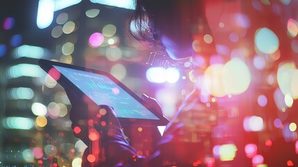 Person using tablet at night, city bokeh background, data analysis.