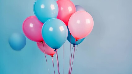 Wall Mural - Bright display of pink and blue balloons floating against a soft blue background, Group of pink and blue balloons against background