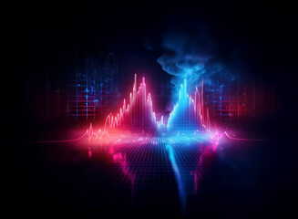 Abstract digital artwork depicting vibrant, glowing energy peaks and valleys, resembling a futuristic cityscape or data visualization, set against a dark background with smoky textures.