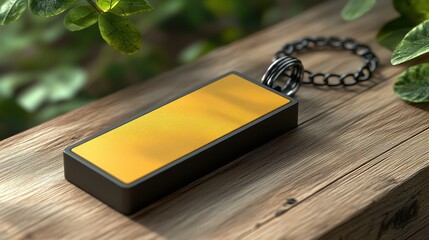 Poster - Yellow Keychain on Wooden Surface Surrounded by Green Leaves