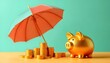 © Tahubulat - Wealth protection concept illustrated by a golden piggy bank under an umbrella with coins, set against a vibrant green background