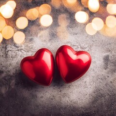 red hearts on a wooden background, Valentines day background panorama banner long - two red hearts and bokeh lights on rustic bright stone concrete texture