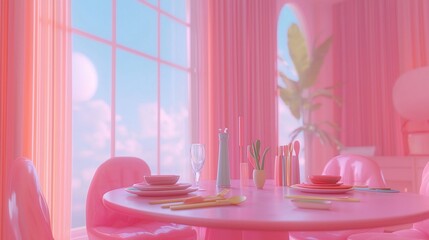 Poster - Pastel pink dining room with table set for meal, large window, and pink curtains.