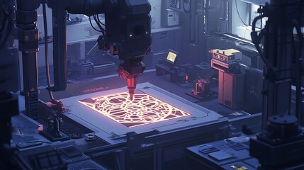 Wall Mural - Futuristic Factory: Advanced Robotic Arm Precision Engraving on Illuminated Surface