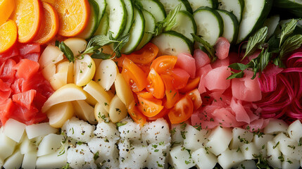 Wall Mural - vibrant sushi platter featuring fresh vegetables and seafood