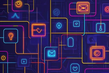 Wall Mural - interconnected neon icons: digital network, abstract tech pattern.