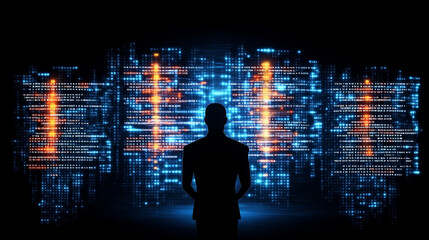 The Code Whisperer: A mysterious silhouette stands before a wall of glowing, abstract digital code, representing the enigmatic world of technology and the boundless possibilities of innovation. 