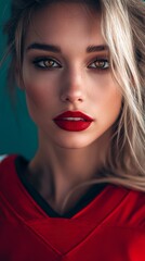 Wall Mural - Close-up portrait of a woman wearing red lipstick and a sports jersey, conveying confidence and strength.