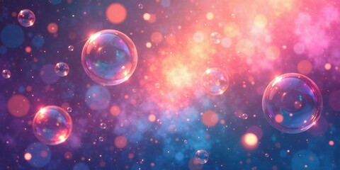 enchanted iridescent bubbles float in a dreamy, vibrant nebula of pink and blue hues, sparkling with
